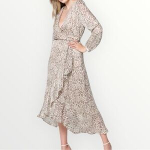 lavender brown wrap dress NWT Lavender Brown Striped Lined Wrinkle Free Long Ruffled Wrap Dress S $159